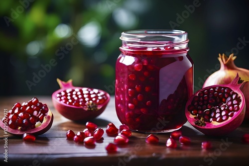 Pomegranate and beet smoothie in a glass jar, AI generated photo