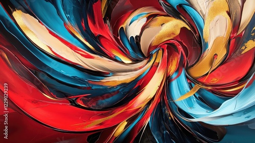 A dynamic abstract painting with bold red, gold, and blue brushstrokes swirling in a vibrant and energetic pattern