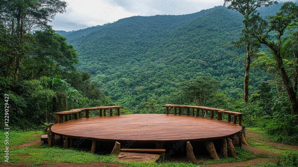 Fototapeta premium Circular wooden platform surrounded by lush green mountains and trees