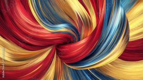 A dynamic abstract painting with bold red, gold, and blue brushstrokes swirling in a vibrant and energetic pattern