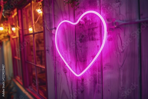 Pink heart shaped neon sign on wall. KI generiert, generiert, AI generated photo