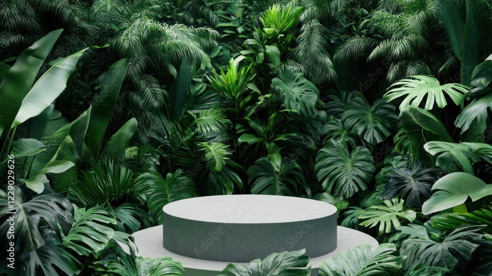 Lush jungle backdrop with a circular platform. Lush jungle backdrop with a circular platform.