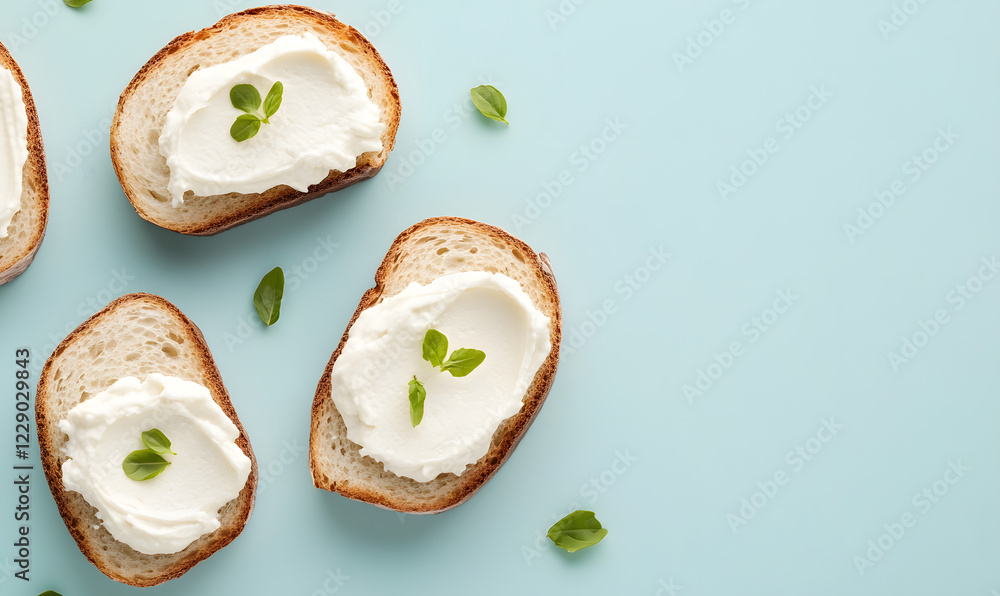 Stylised photo of sliced breads with cream cheese on it and some garnish on it. Generative AI Stylised photo of sliced breads with cream cheese on it and some garnish on it. Generative AI