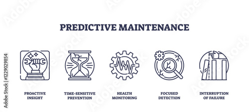 Predictive maintenance focuses on proactive insight, time-sensitive prevention, and health monitoring. Outline icons set