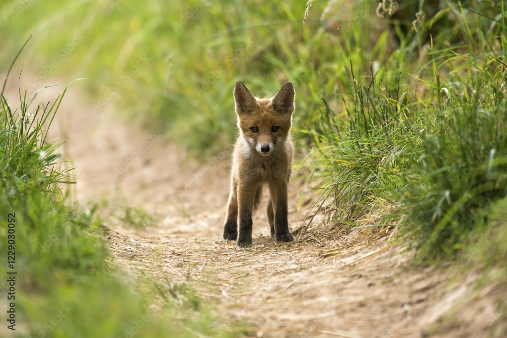 Young red fox (Vulpes vulpes) standing on path, Young Animal, Puppy, Baden-Württemberg, Germany, Europe Young red fox (Vulpes vulpes) standing on path, Young Animal, Puppy, Baden-Württemberg, Germany, Europe