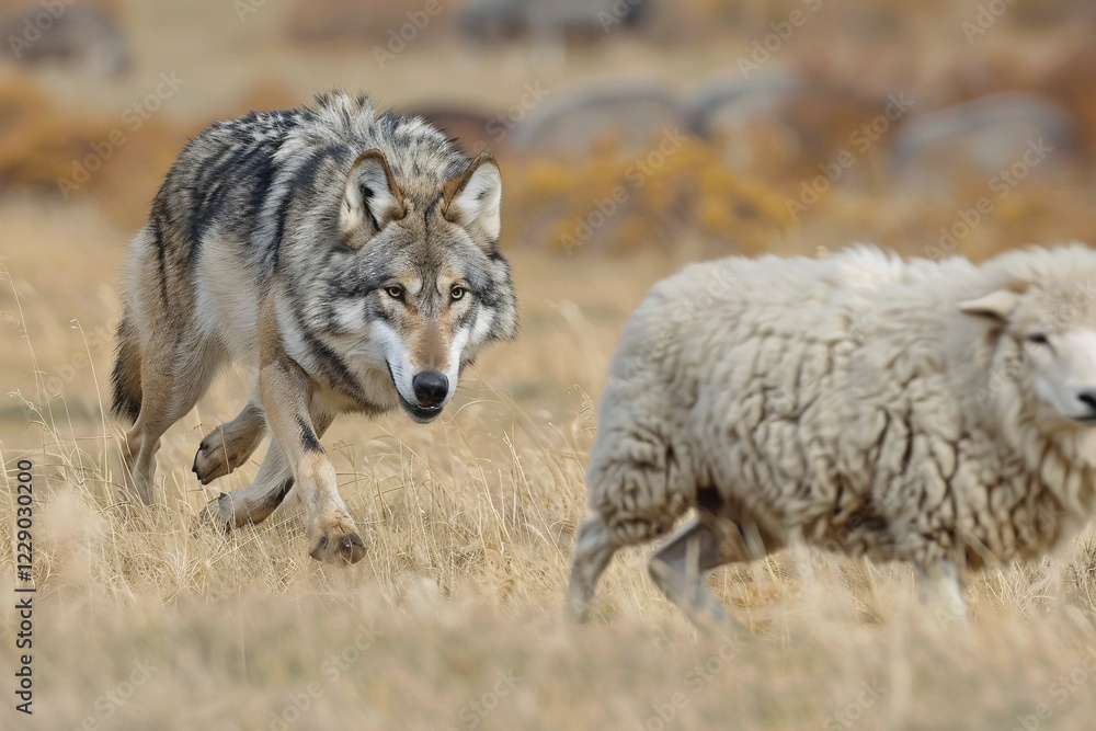 Obraz premium Wolf hunting sheep. KI generiert, generiert, AI generated
