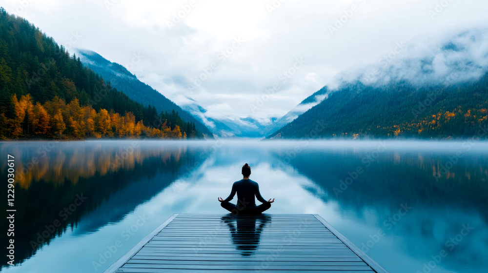A serene figure meditates on a dock, surrounded by foggy mountains and a tranquil lake reflecting the peaceful landscape. A serene figure meditates on a dock, surrounded by foggy mountains and a tranquil lake reflecting the peaceful landscape.