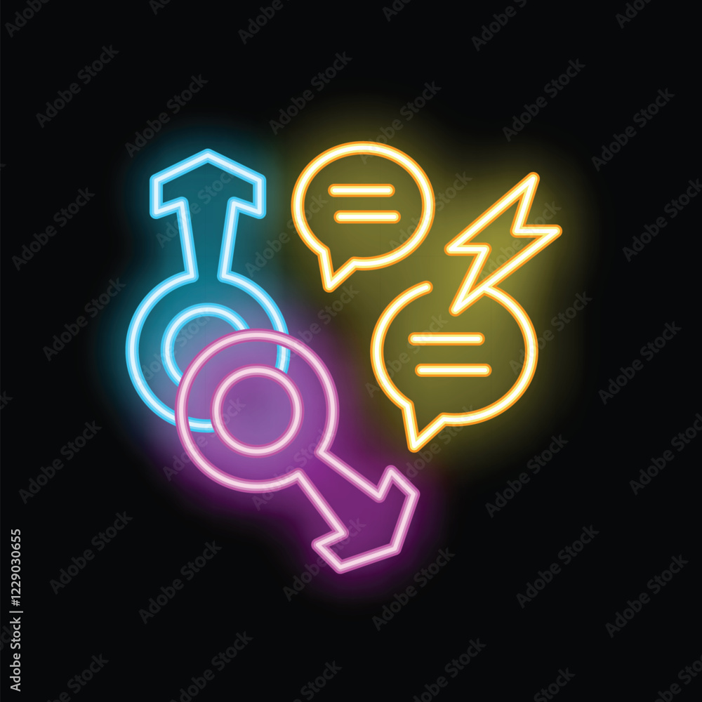 Neon gender symbols communicating with speech bubbles and a lightning bolt symbolizing a disagreement or conflict Neon gender symbols communicating with speech bubbles and a lightning bolt symbolizing a disagreement or conflict