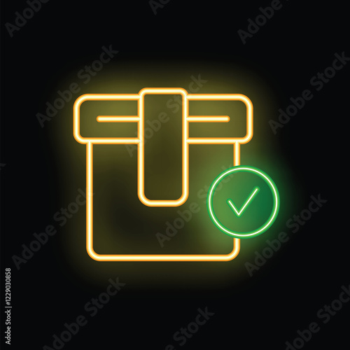 Bright neon icon of a cardboard box with a green check mark representing successful delivery, perfect for e commerce and logistics themes