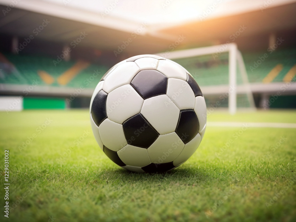 Obraz premium Black and white soccer ball on green grass, blurred goalpost and stadium backdrop