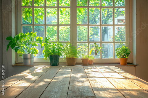 Wooden table with free space green plants by window background for products greenery concept.