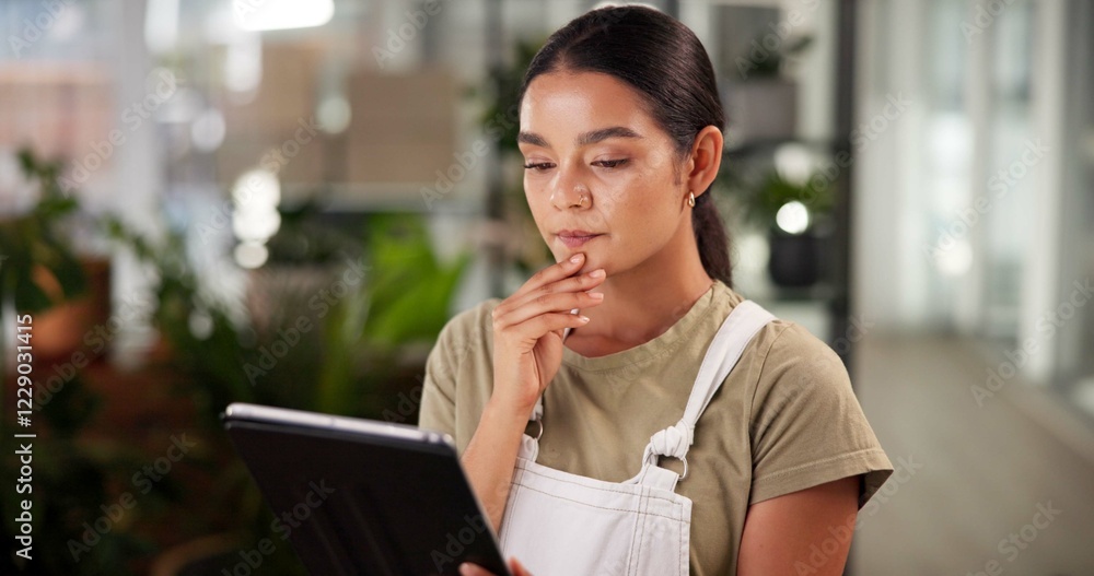Fototapeta premium Woman, thinking and florist on tablet with small business, plants inventory and ecommerce order. Female person, digital and flower research with floral solution, growth tips and shipping information