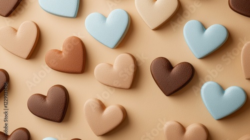 A row of chocolate hearts are arranged on a tan background
