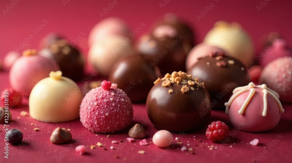 An assortment of delectable chocolate bonbons, elegantly adorned with various toppings and nestled amongst vibrant red berries on a rich crimson surface. An assortment of delectable chocolate bonbons, elegantly adorned with various toppings and nestled amongst vibrant red berries on a rich crimson surface.