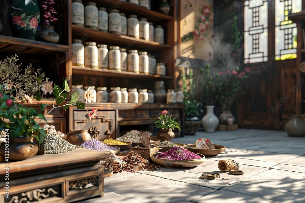 Fototapeta premium 3d soft render, Traditional Chinese medicinal herbs and remedies are sold, as families learn about their health benefits and uses
