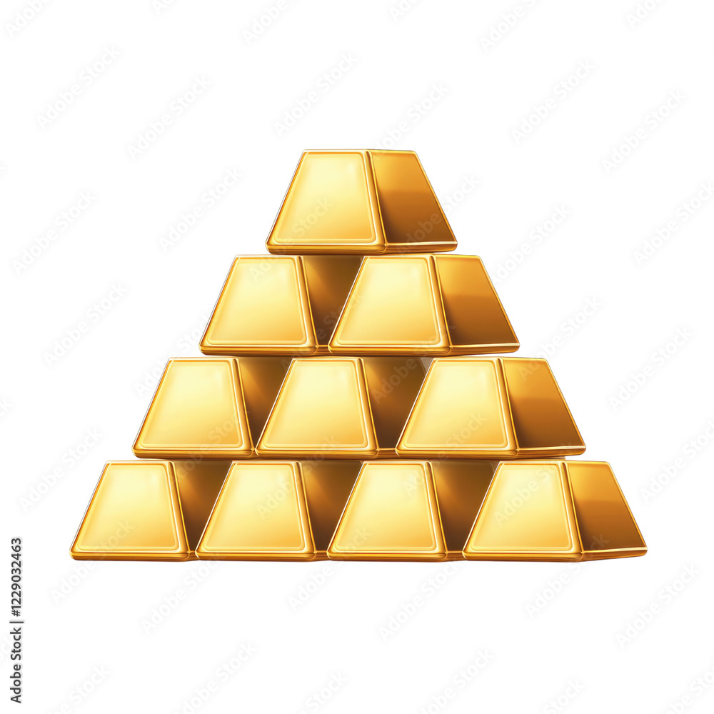 Gold bars stacked in a pyramid shape on a white background. Golden ingots or gold bullions alpha, transparent background png Gold bars stacked in a pyramid shape on a white background. Golden ingots or gold bullions alpha, transparent background png