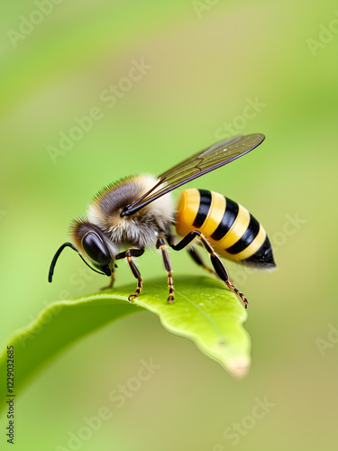 Closeup on a hyaline spatulate, masked bee, Hylaeus hyalinatus on a green leaf in the garden photo