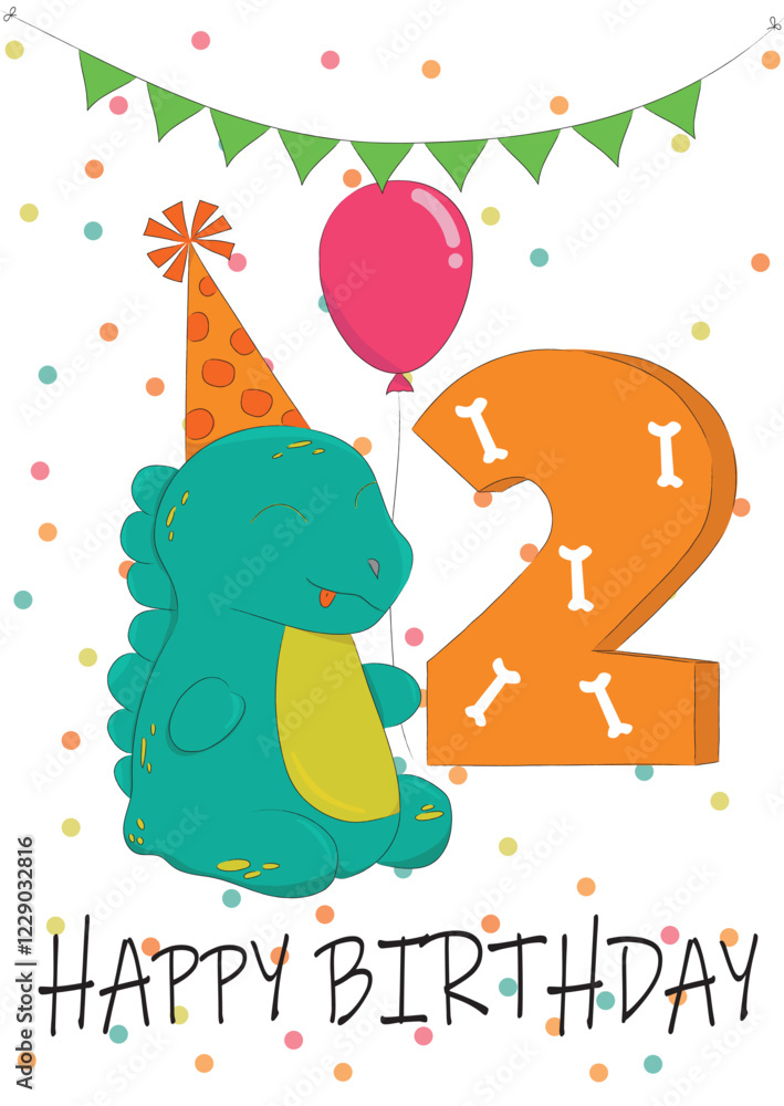Fototapeta premium Vector image of a Happy Birthday greeting card. Dinosaur in a party hat with a balloon. Ideal for birthday cards and children's designs.