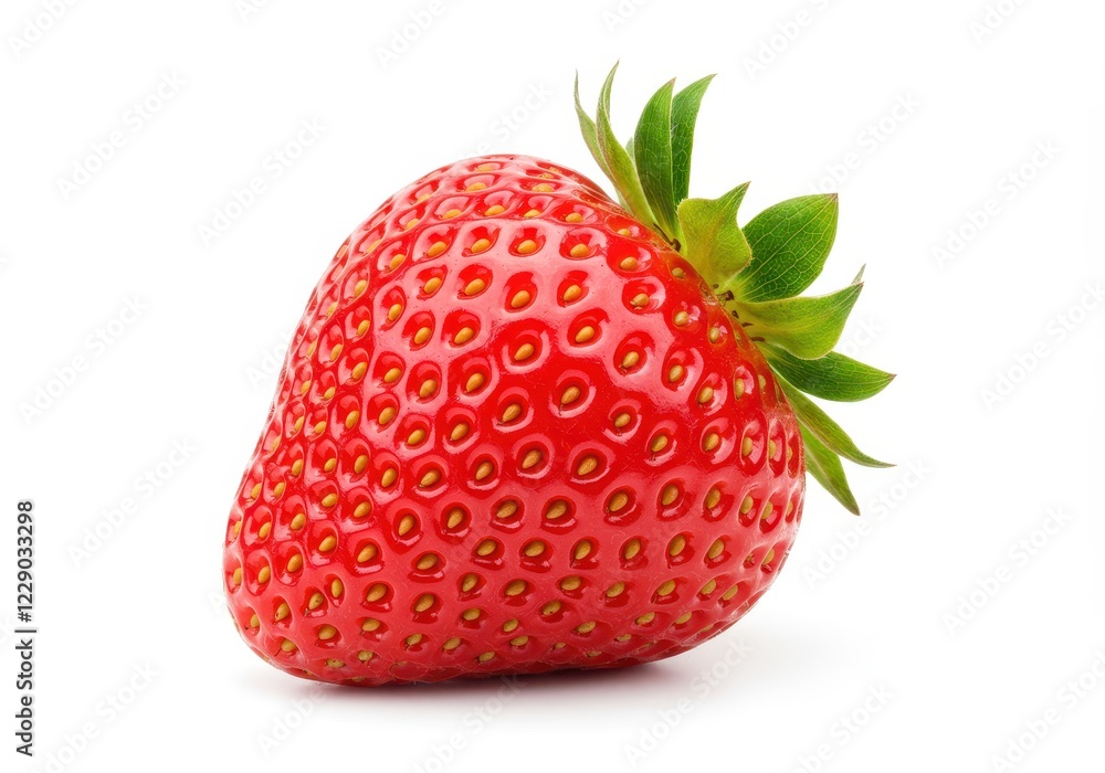 A fresh plump strawberry with a vibrant red surface, isolated on a white background A fresh plump strawberry with a vibrant red surface, isolated on a white background