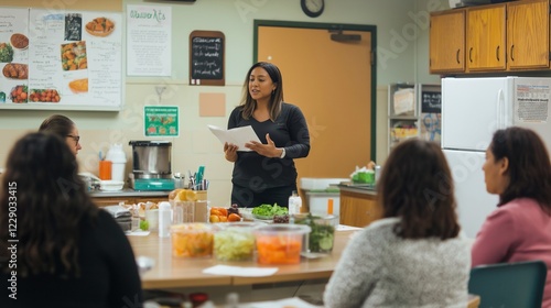 Fototapeta Naklejka Na Ścianę i Meble -  Women attentively participating in a nutrition-focused cooking workshop, learning about balanced meals, healthy eating habits. The atmosphere encourages informed food choices and well-being