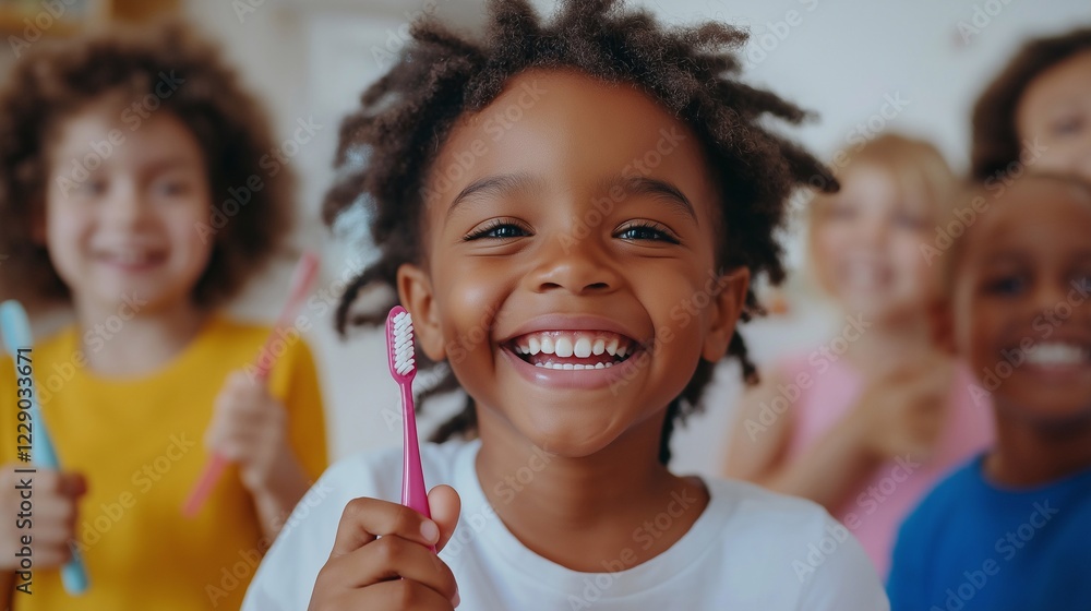 Happy children smiling holding toothbrushes, proudly showing off their clean teeth. The playful setting, the importance of dental hygiene, a cheerful educational atmosphere for promoting oral health Happy children smiling holding toothbrushes, proudly showing off their clean teeth. The playful setting, the importance of dental hygiene, a cheerful educational atmosphere for promoting oral health