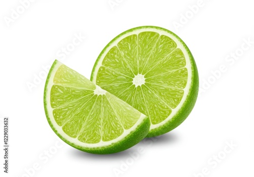 A bright green lime halved to show the juicy interior isolated on a white background