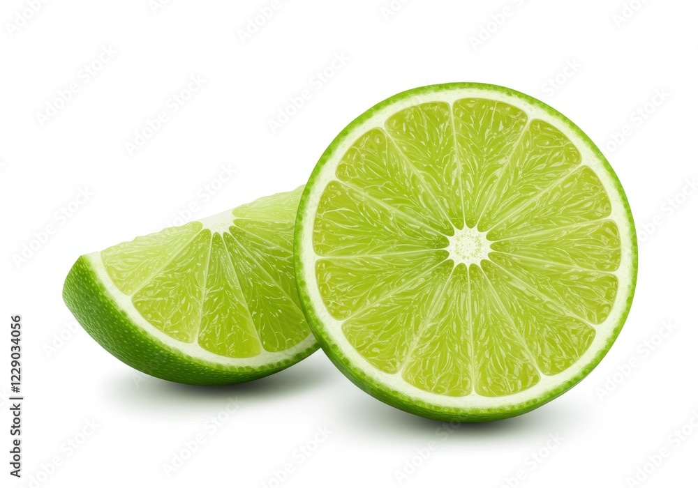 A bright green lime halved to show the juicy interior isolated on a white background A bright green lime halved to show the juicy interior isolated on a white background