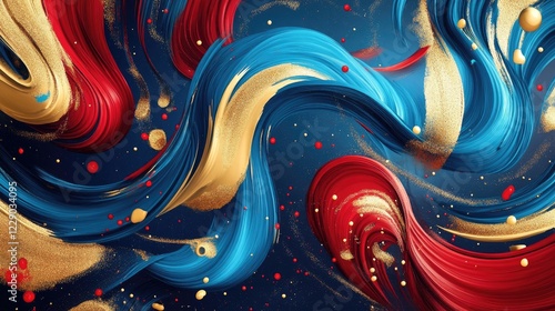 A vibrant abstract artwork featuring dynamic swirls of blue, red, and gold brushstrokes bursting with energy