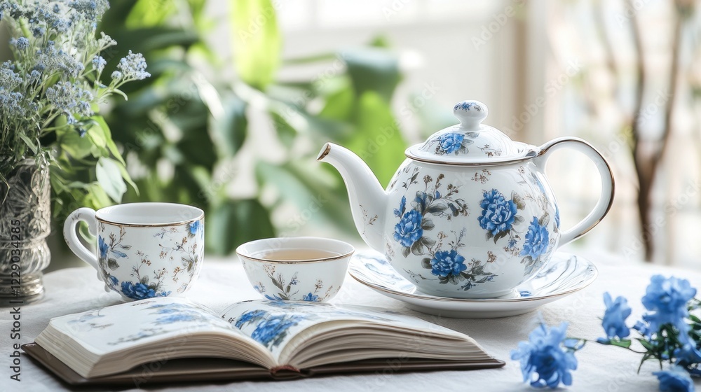 Blue floral teapot, teacup, and saucer set on a table with an open book and flowers. Blue floral teapot, teacup, and saucer set on a table with an open book and flowers.