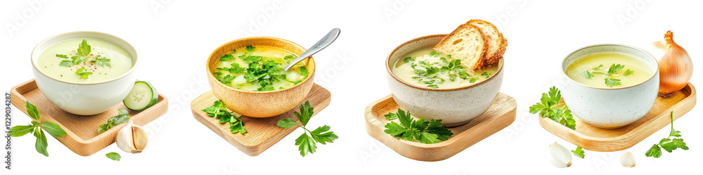 Onion soup in a bowl on a wooden tray, isolated on a white background, with fresh herbs. set cutout png. Onion soup in a bowl on a wooden tray, isolated on a white background, with fresh herbs. set cutout png.