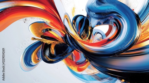 A vibrant abstract artwork featuring dynamic swirls of blue, red, and gold brushstrokes bursting with energy