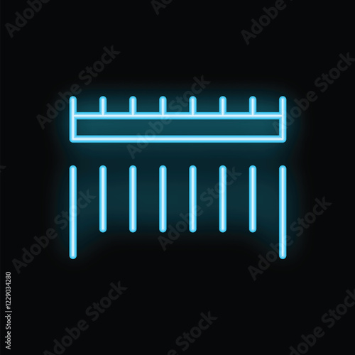 Neon sign of a ruler glowing blue against a black wall