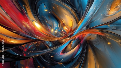 A vibrant abstract artwork featuring dynamic swirls of blue, red, and gold brushstrokes bursting with energy