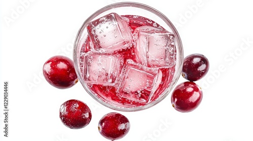 Top view of cranberry gin and tonic with ice cubes, holiday-themed presentation, high detail, glass condensation, isolated on white background