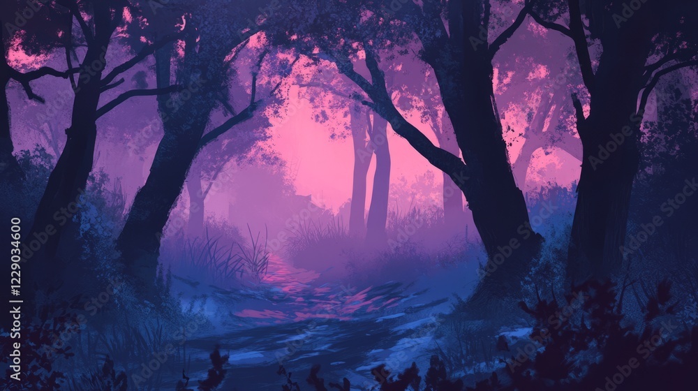 A mystical forest scene at dusk with vibrant purple and pink hues, creating an enchanting and dreamlike atmosphere. A mystical forest scene at dusk with vibrant purple and pink hues, creating an enchanting and dreamlike atmosphere.