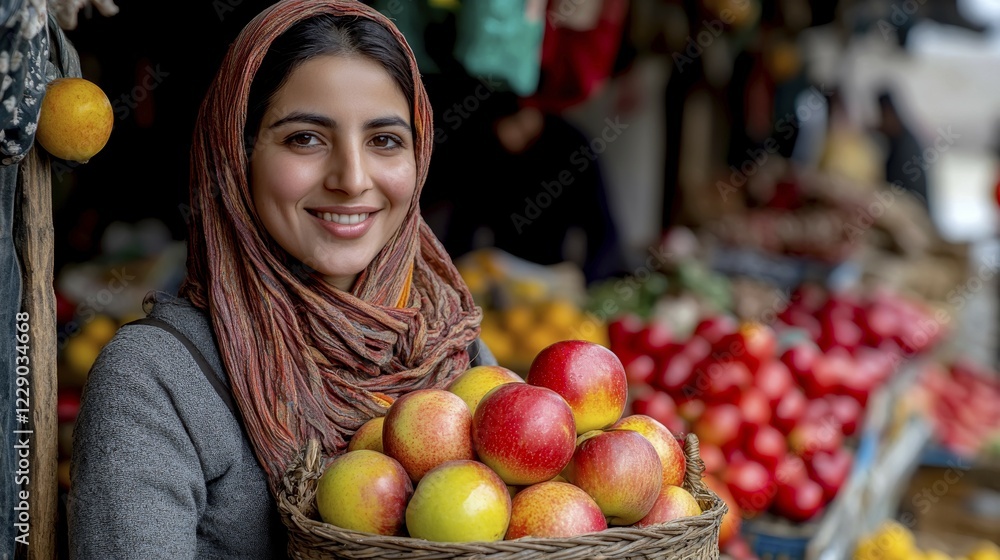 A cheerful woman in a hijab holds a basket of red and yellow apples at a vibrant market filled with fresh produce, AI generated