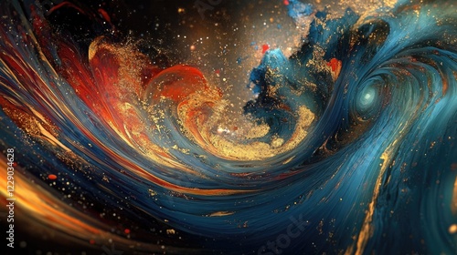 A vibrant abstract artwork featuring dynamic swirls of blue, red, and gold brushstrokes bursting with energy