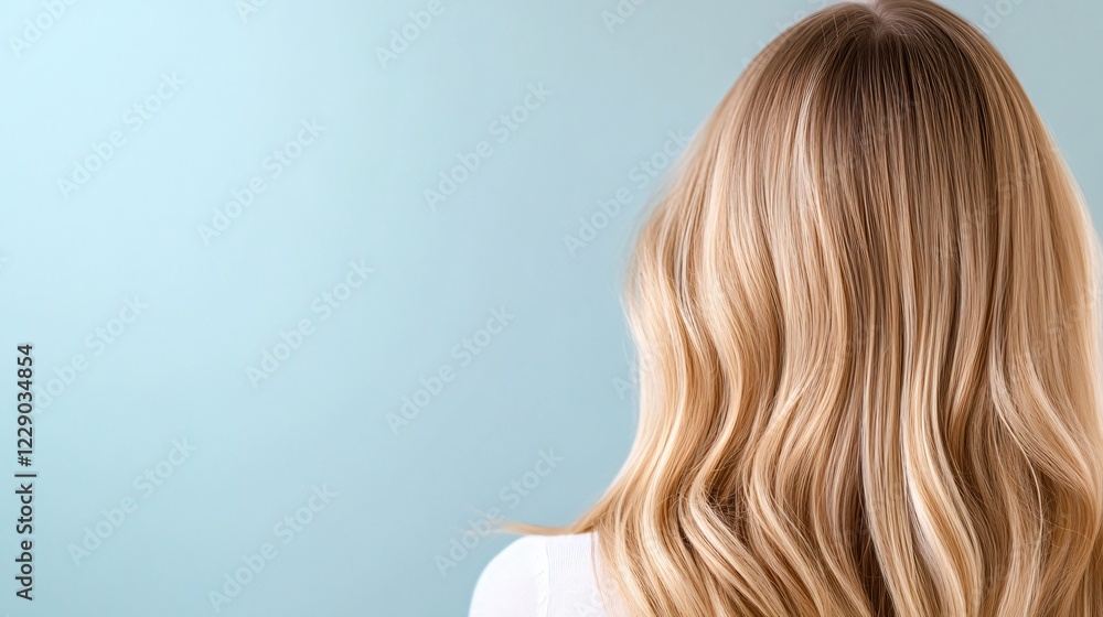 Naklejka premium A close-up view of wavy, blonde hair against a soft blue background, emphasizing texture and color.