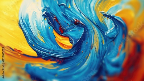 A vibrant abstract painting with bold swirling brushstrokes in shades of blue, gold, and red, radiating energy and movement