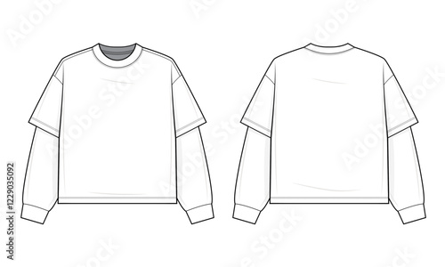 Layered Contrast Sleeve T-Shirt Technical Fashion Illustration. Two-in-One Illusion Tee Vector Template. Front and back view. Relaxed Fit. Unisex Streetwear. White. CAD mockup set.