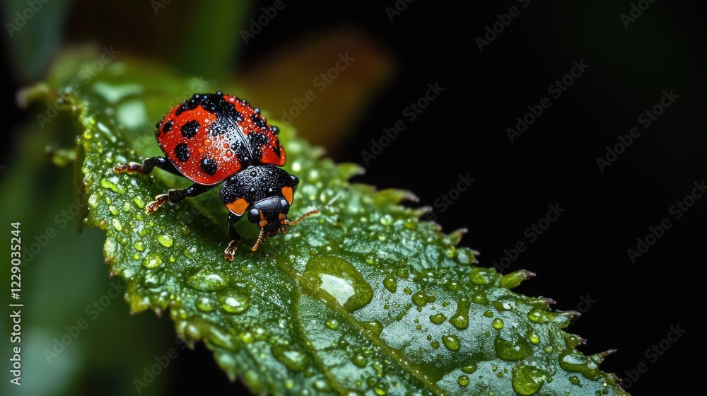 Fototapeta premium Close-up of a ladybug covered in water droplets on a green leaf