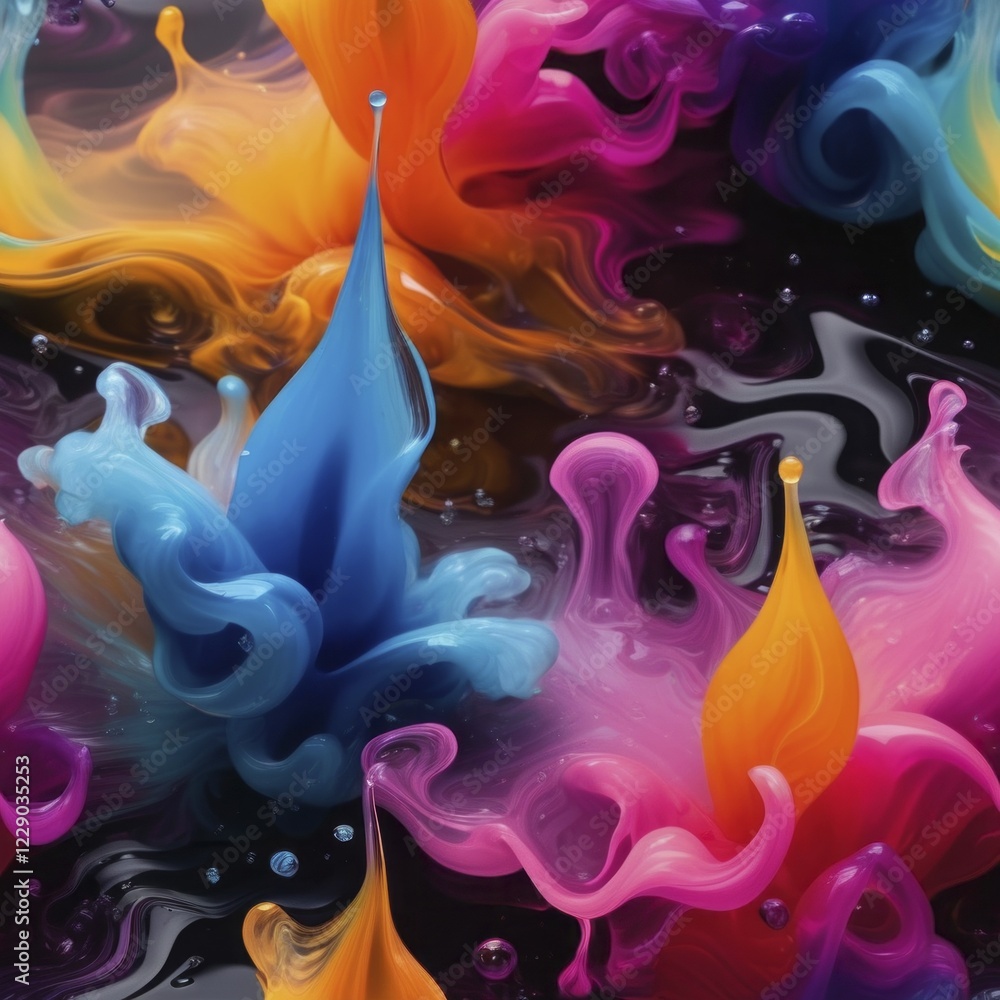 Obraz premium Colorful splashes and waves of fluid art on a black background, AI generated