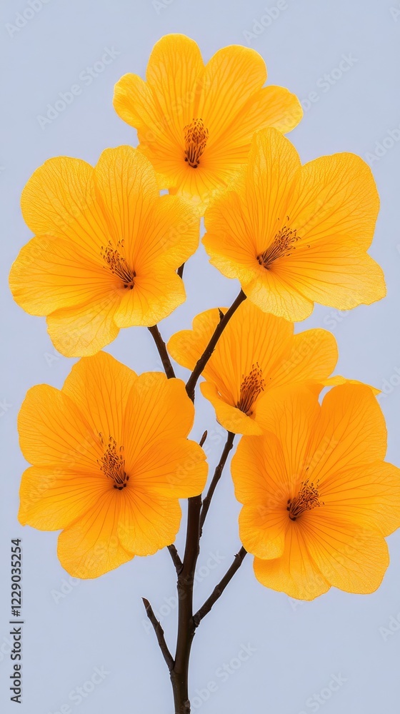 Bright Yellow Flowers on a Branch Against a Soft Blue Background Capturing Nature's Vibrant Beauty and Delicate Details Bright Yellow Flowers on a Branch Against a Soft Blue Background Capturing Nature's Vibrant Beauty and Delicate Details