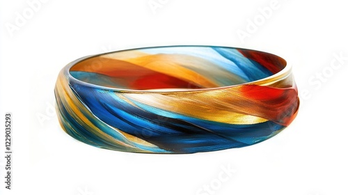 A vibrant abstract painting with bold swirling brushstrokes in shades of blue, gold, and red, radiating energy and movement