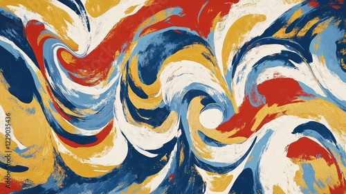 A vibrant abstract painting with bold swirling brushstrokes in shades of blue, gold, and red, radiating energy and movement