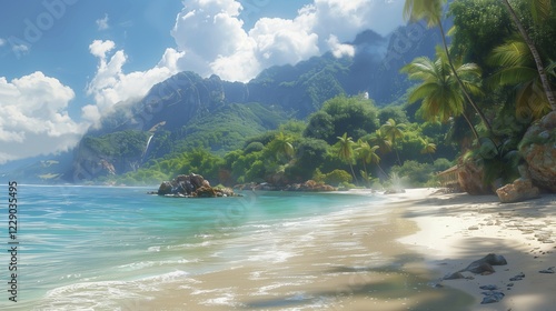 Imaginatively staged rocky coast with sandy beach and palm trees. The landscape has a tropical character. AI generated, AI generated, AI generated photo