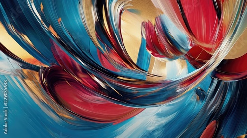A vivid abstract composition with swirling brushstrokes in bold shades of blue, red, and gold, exuding motion and vibrancy