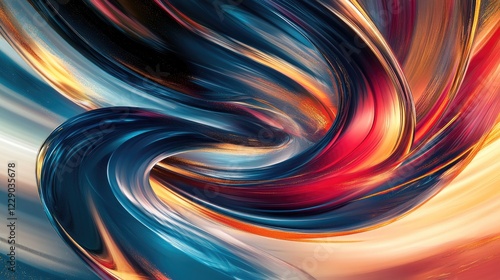 A vivid abstract composition with swirling brushstrokes in bold shades of blue, red, and gold, exuding motion and vibrancy