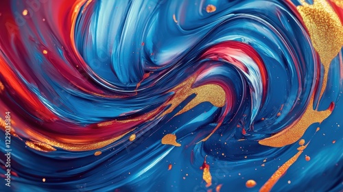 A vivid abstract composition with swirling brushstrokes in bold shades of blue, red, and gold, exuding motion and vibrancy