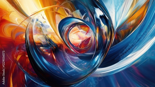 A vivid abstract composition with swirling brushstrokes in bold shades of blue, red, and gold, exuding motion and vibrancy